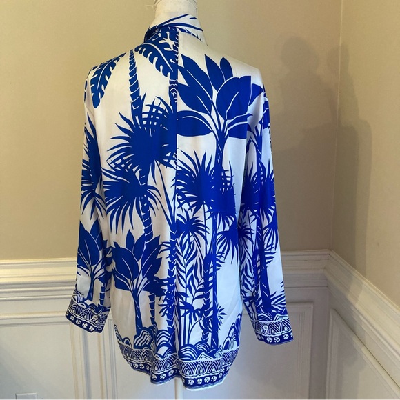 ZARA SET Blue White Tropical Palm Print Satin Button Down Shirt & Bermuda Shorts - Picture 4 of 15